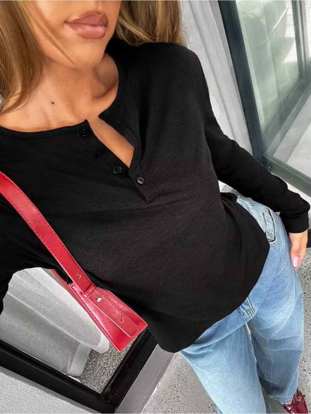 Classic Women's Long-Sleeve Henley Top — dark grey